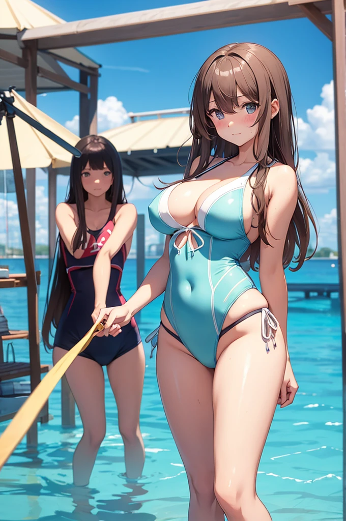 High school girls　Swimwear　Embarrassed face　Childhood friend　Big Breasts　Side show　Waist-length hair