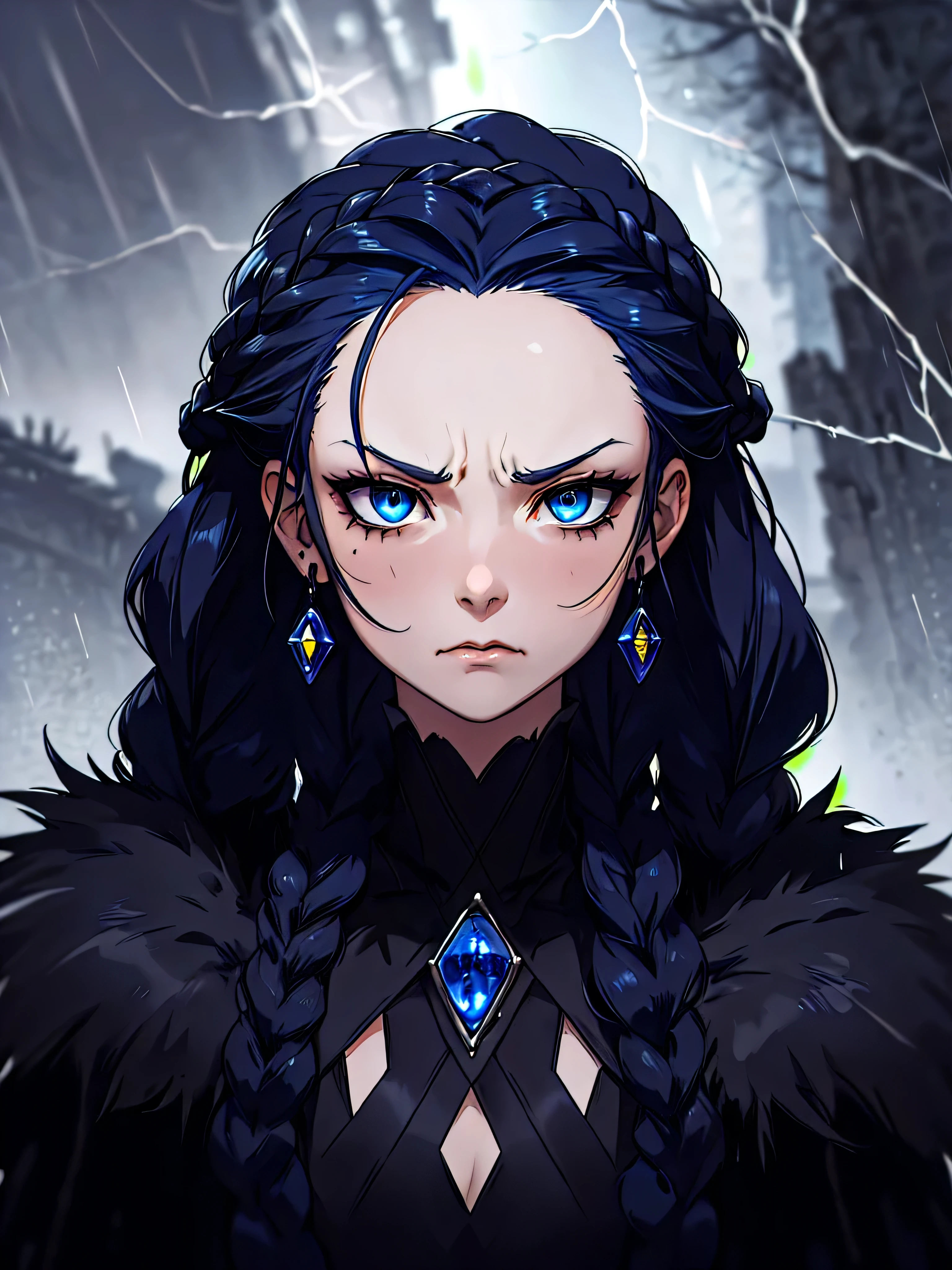 ((Portrait)), She has a Very Small and Slender Appearance, with a Fierce Temperament and an Anger Face with a Constant Frown. Her Sapphire Eyes Shine Brightly, Expressing the Fury of the Storm. Her Hair is Short and Dark Blue, with a Bare Forehead, and Large Braids Falling Over Her Shoulders. She Wears a Large, Worn-out Black Fur Coat with Winter Accessories, Portrait, HDR, ((Dark Background))
