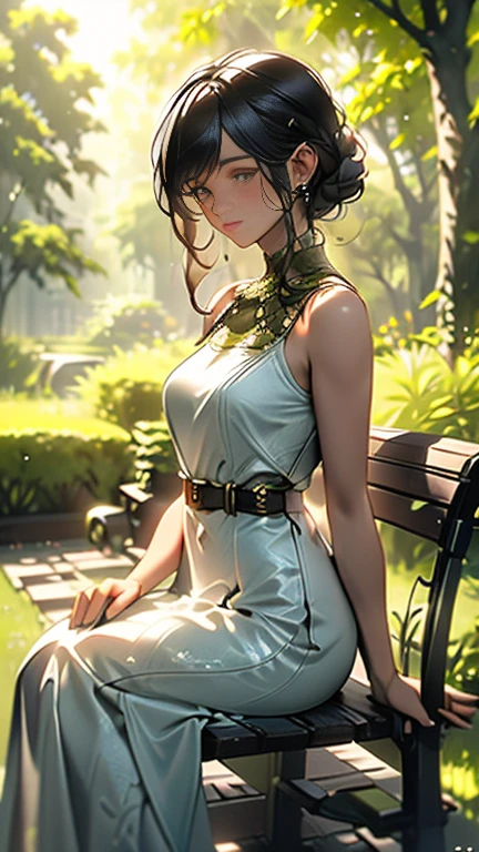 A serene and peaceful garden, lush foliage, a lone girl sitting on a stone bench, gazing thoughtfully into the distance, beautiful detailed eyes, beautiful detailed lips, extremely detailed face and features, long eyelashes, elegant dress, sunlight filtering through the trees, warm color tones, cinematic lighting, highly detailed, 8k, photorealistic, masterpiece, concept art