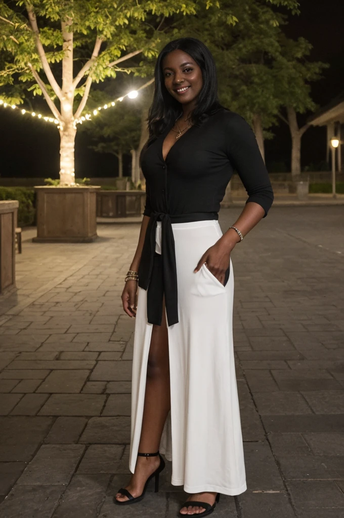 Asha, 1girl, solo, (((Ebony))), (((Dark skin))), (((SFW))), (((non-explicit))), 30 years old, (), wearing white Cardigans and Maxi Skirts, leaning shot, smiling, upper body and upper legs, medium long hair, outside Town Squares at night