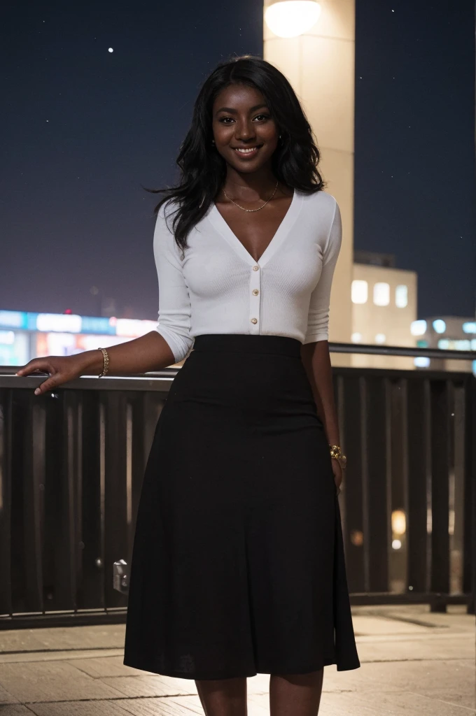 Asha, 1girl, solo, (((Ebony))), (((Dark skin))), (((SFW))), (((non-explicit))), 30 years old, (mature), wearing white Cardigans and Maxi Skirts, leaning shot, smiling, upper body and upper legs, medium long hair, outside Town Squares at night
