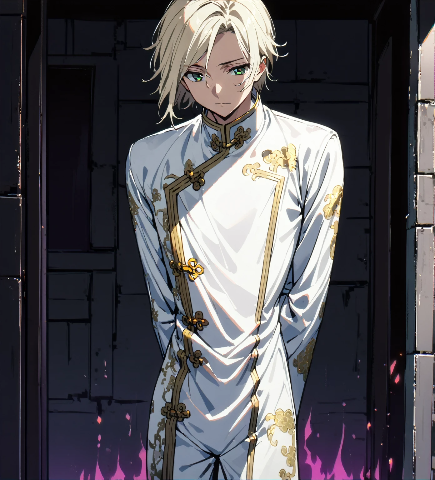 ((anime)),1 Male. Old-fashioned smile,Nice body,  beautiful 肌. oily 肌. Very delicate and beautiful. Very detailed. Clear Eyes. Clear presentation, HD detailed, Detailed Performance, Fine details, Clear Face, Correct it precisely, （（Long black hair））、Long white hair,good looking, expensive,A kind smile、Slightly muscular, (1 person: 1.3), (An 18-year-old man wearing a white Chinese suit）, [Dimly lit basement], Upper body,Hands Behind Back,(Black aura from the body:1.2)
 