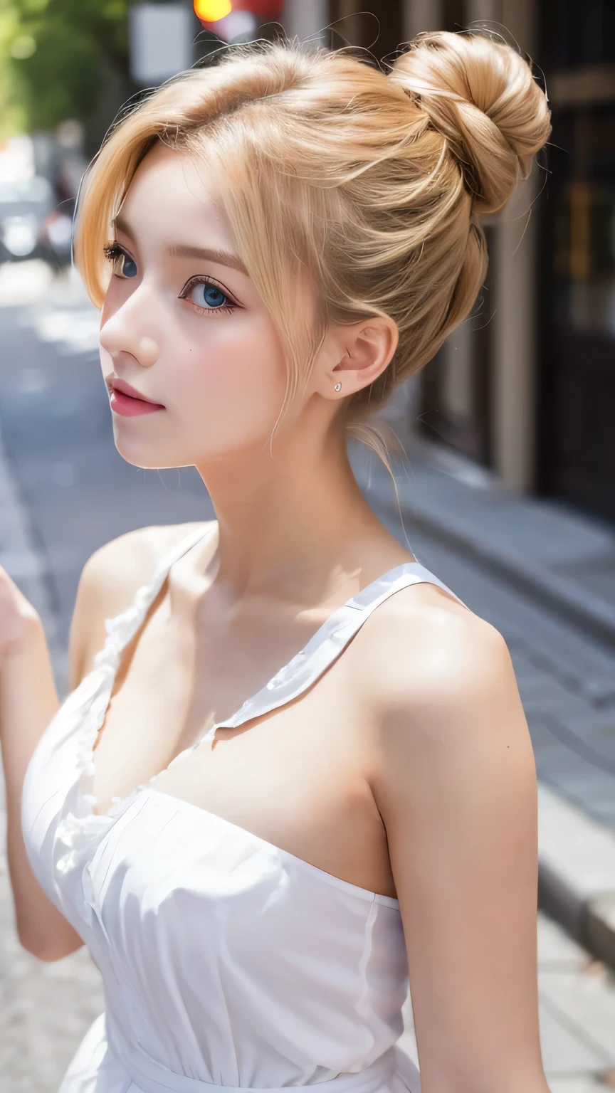 Top quality, 1 beautiful woman, around 19 years old,Bun Hair, blonde hair,maid costume, soft-looking chest,a face asking for a kiss,cute lips, looking up with eyes,Sunlight, at street,accurate structure of the limbs