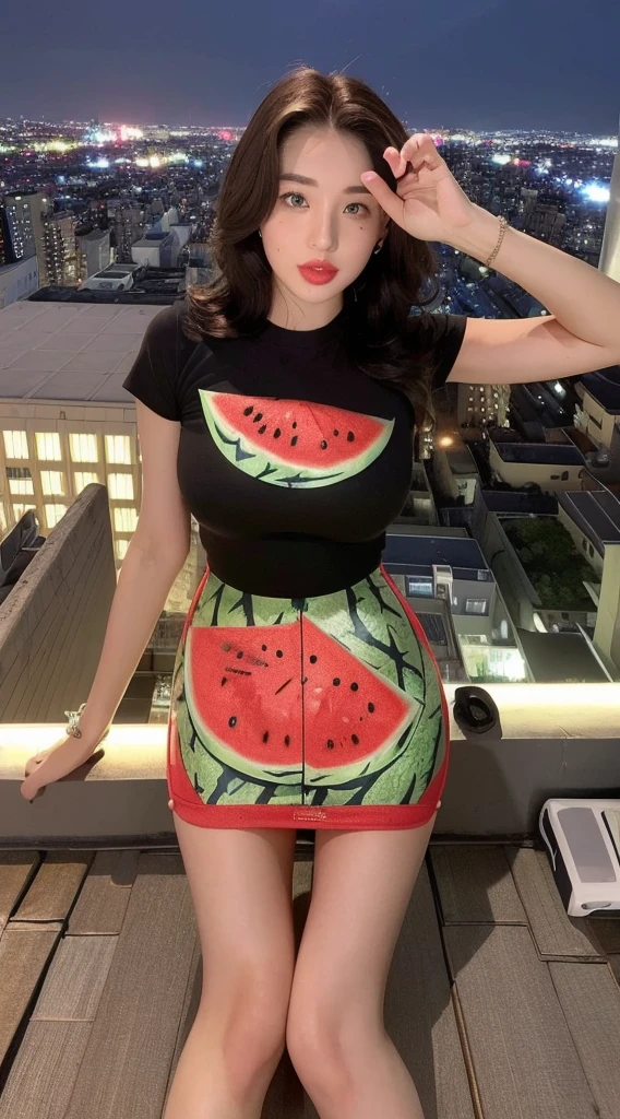 ((Midnight, Best quality, 8K, Masterpiece :1.3)), Whole body, Long legs, Sharp focus :1.2, A pretty woman with perfect figure :1.4, Slender Abs :1.1, ((Dark brown hair, Big breasts :1.2)), (Nakajoy T-shirt), ((Night city view, Rooftop:1.3)), Highly detailed face and skin texture, Marilyn Monroe face、Super big、Super sexy and super cute Japanese girl、sexual excitement、Detailed eyes, Double eyelid、(((Watermelon print bodycon mini skirt
、Super beautiful feet)))