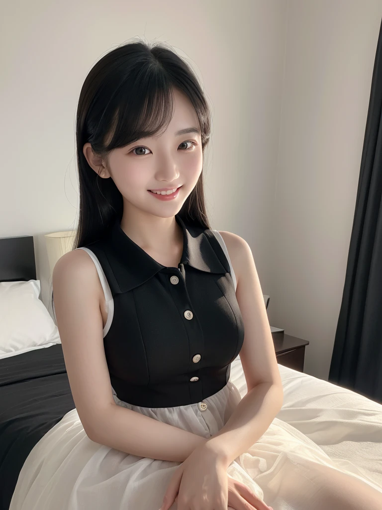 (masterpiece:1.3)、(Highest quality:1.3)、(8K:1.3)、(Very detailed:1.3)、(Realistic:1.3)、(very precise picture)、(Very accurate outfit)、(Biologically correct)、girl、alone、Realistic、View your viewers、Black Hair、Simple Background、(smile)、Big Breasts、whole body、One-piece dress with buttons and collar、See-through and sleeveless、Bedroom