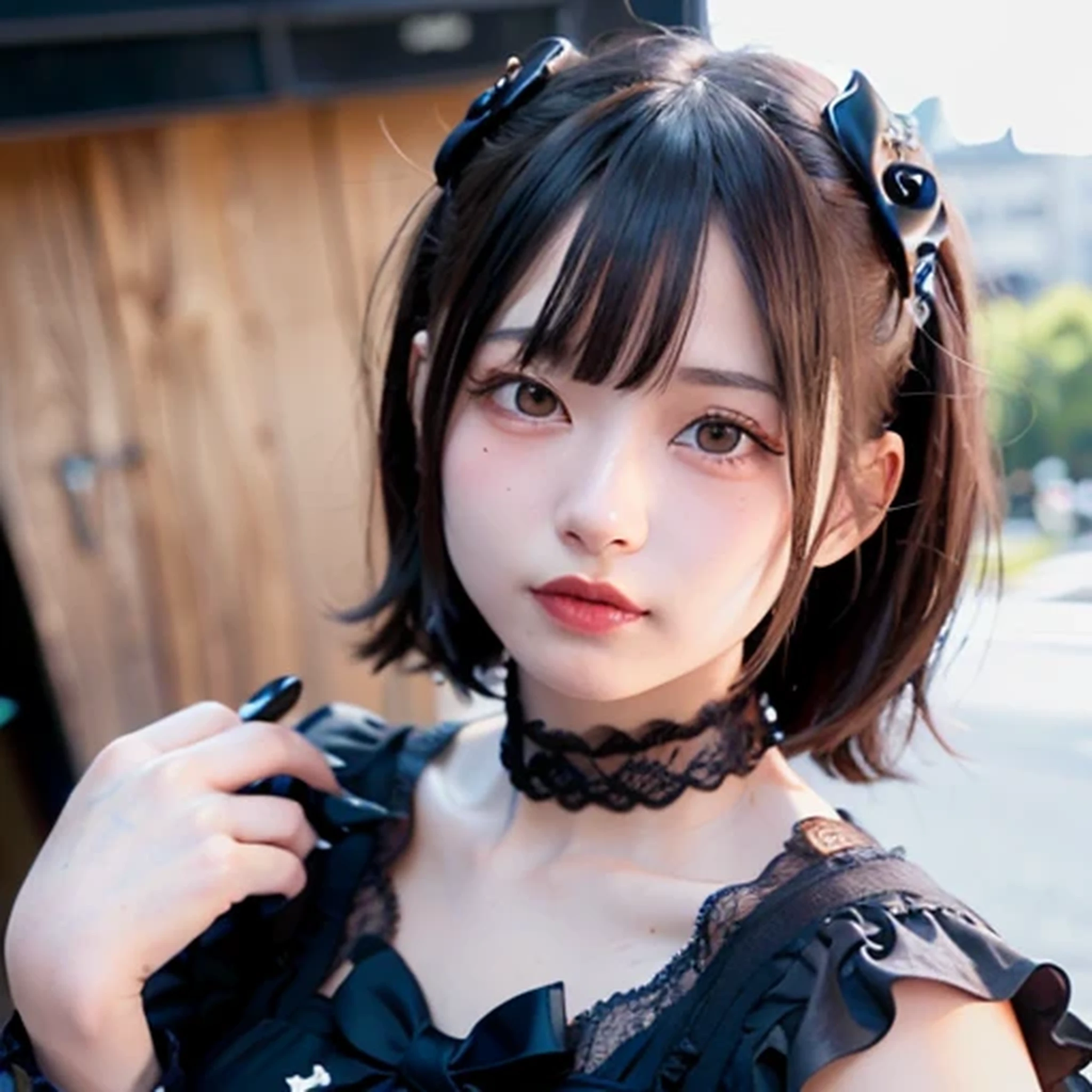 (Realistic, photo-Realistic:1.37), Unbelievably absurd, (Very detailed:1.3), 8K, (masterpiece), (Highest quality:1.4), (Ultra-high resolution:1.2), (RAW Photos:1.2), Very detailed background, (unity 8K wallpaper), 1 nogizaka girl, very cute, (bishojo:1.35 (17yo:1.4 (white, Black and pink mine fashion), (Delicate and beautiful face, eye, skin), (Beautiful dress with intricate details), Gothic Maid, (Thick black shiny hair), (Elegant frills), (Blue rose hair accessory), (Smiling for the camera), whole body, Street view, Professional Lighting, 1 Girl, ((Black mask)), (Light pink hair)
