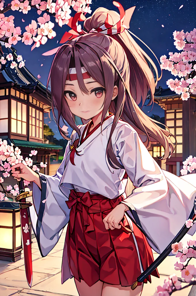 4K, Highest quality, Fleet Collection,Ruifeng,Sailor suit,Holding a Japanese sword,ponytail,A night of falling cherry blossoms,