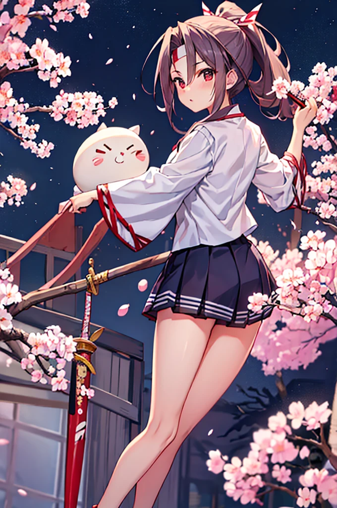 4K, Highest quality, Fleet Collection,Ruifeng,Sailor suit,Holding a Japanese sword,ponytail,A night of falling cherry blossoms,