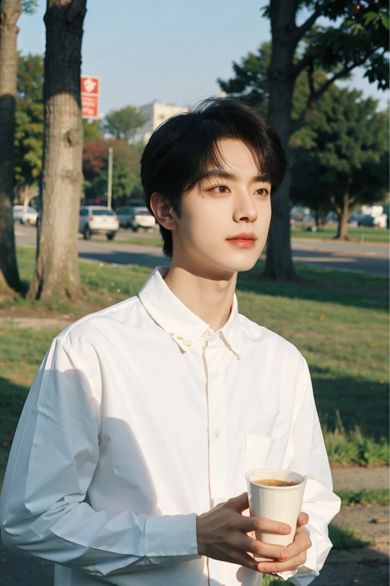 Nansheng,One boy,alone,Male Focus,null,Outdoor,Day,Realistic,shirt,Grass,Upper Body,white shirt,Mouth closed,(Best Shadow),Complex, bright, Lens Distortion Correction,(Best Shadow),Complex, bright, Lens Distortion Correction、Cafe