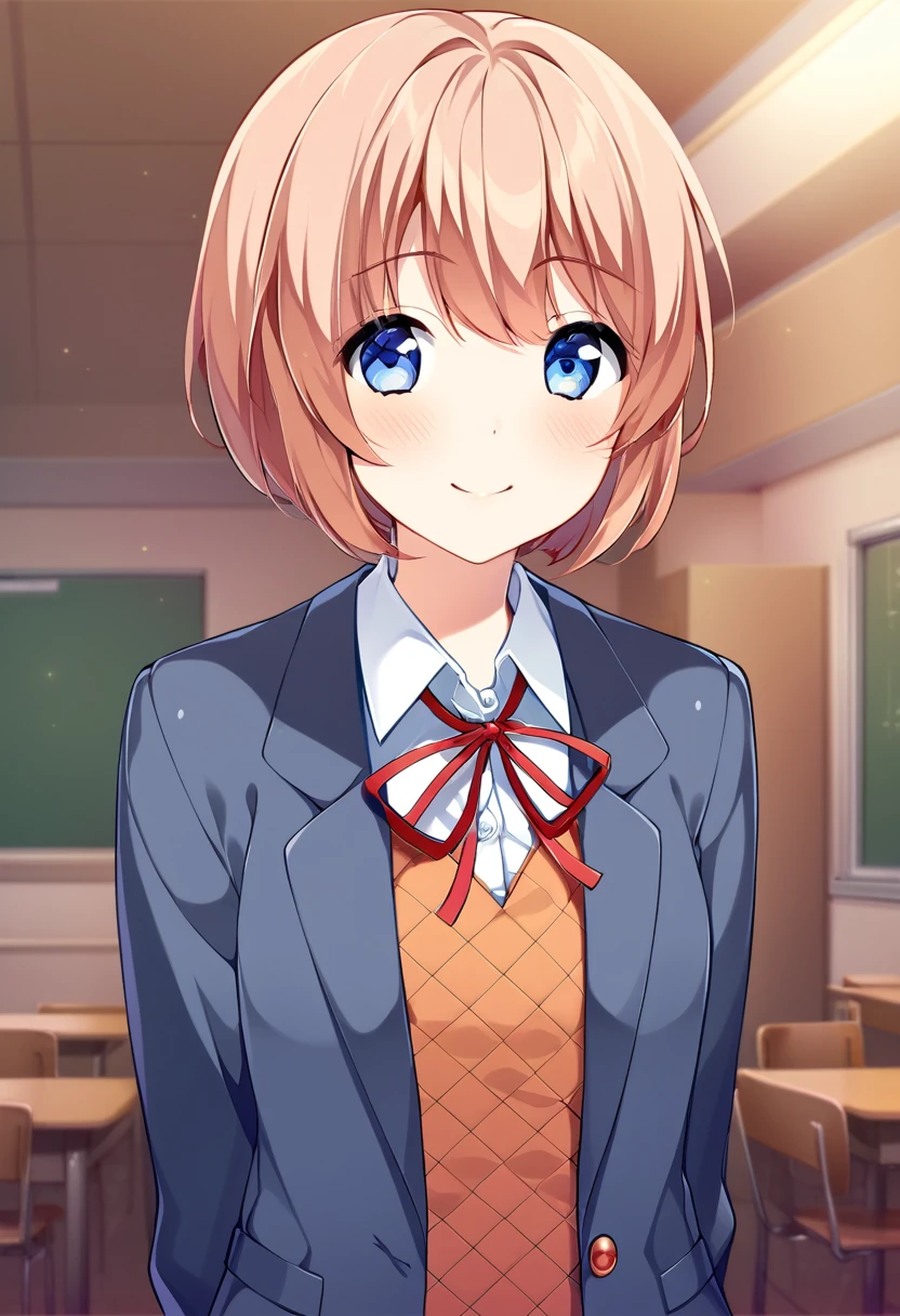 one girl, lovely, boyish, blazer, bow, Sayori, my childhood friend, cute, short hair, blush, light blue eyes, cheerful girl, cartoon style