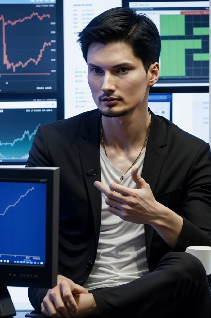 Realistic Pavel Durov, the creator of the Ton cryptocurrency, is sitting in front of a monitor screen with a market chart in very good quality
