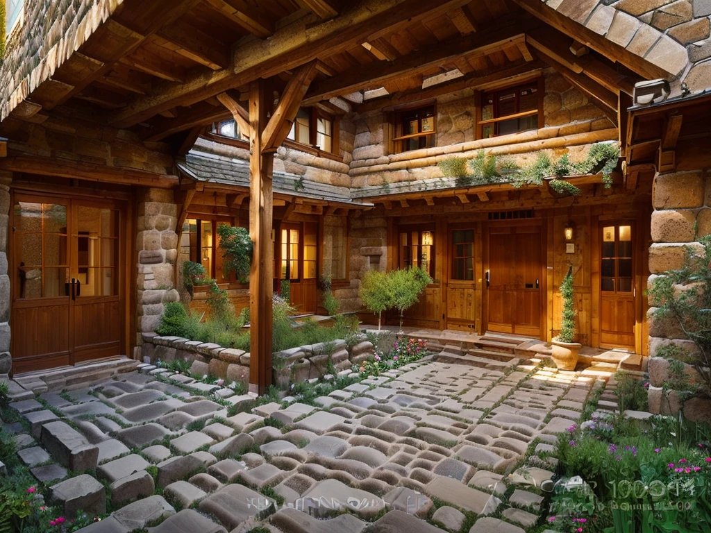 (((Masterpiece))), (high quality),(Small Western-style building,One-storey,Cobblestone garden:1.5),(There is no one here:1.2),(Long Shot,Photograph the entire Western-style building:1.5)