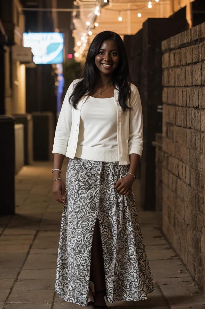 Asha, 1girl, solo, (((Ebony))), (((Dark skin))), (((SFW))), (((non-explicit))), 30 years old, (mature), wearing white printed Cardigans and Maxi Skirts, leaning shot, smiling, upper body and upper legs, medium long hair, outside Town Squares at night