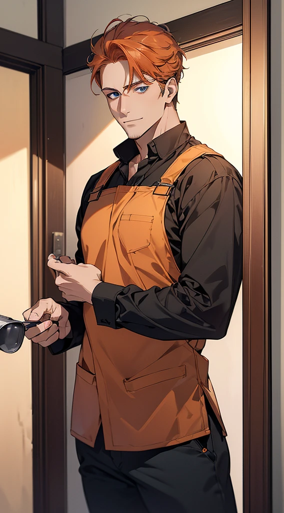 (best quality,4K,8K,high resolution,masterpiece:1.2),Extremely detailed,(Practical,photoPractical,photo-Practical:1.37),1 man,31 years old,Mature man,Plumber,Workers dressed up,very handsome,No Expression,Smile,Orange Hair,blue eyes,Sharp eyes,Perfect face without flaws,momentum,Home door background,light,HDR images