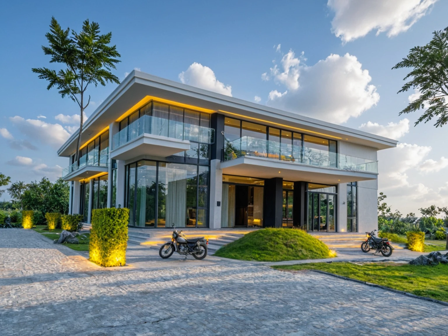 Masterpiece, high quality, best quality, authentic, super detail, outdoors, onestoreyvillaXL, aiaigroup, house style modern on the street ,stairs, white wall ,road,pavement, grass, trees, sky, cloud, (daylight:1.1)