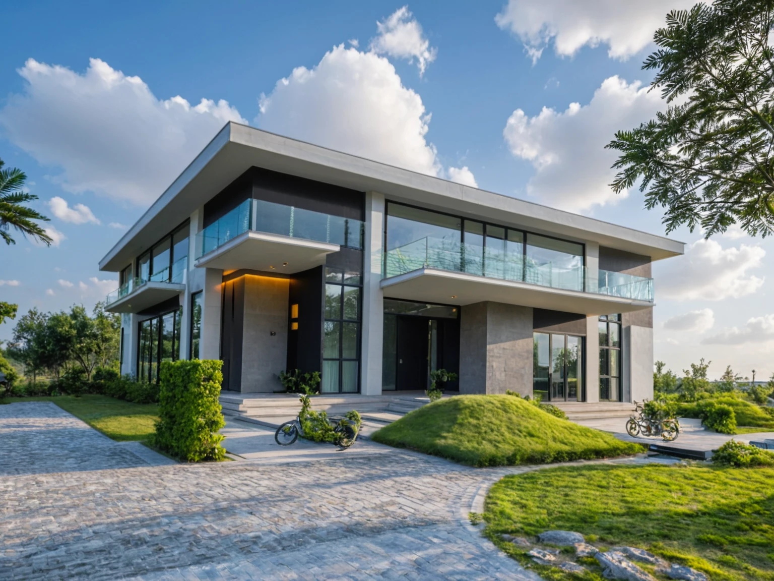 Masterpiece, high quality, best quality, authentic, super detail, outdoors, onestoreyvillaXL, aiaigroup, house style modern on the street ,stairs, white wall ,road,pavement, grass, trees, sky, cloud, (daylight:1.1)