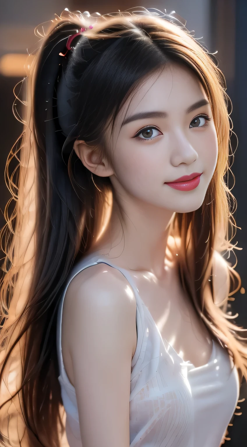 sleeveless, Ponytail, Japanese Girls, 8K, Legal photos, Top quality, masterpiece, Practical, Realistic super details, A girl, Lovely, The best smile, beautiful eyes, Long hair, Perfect facial features,