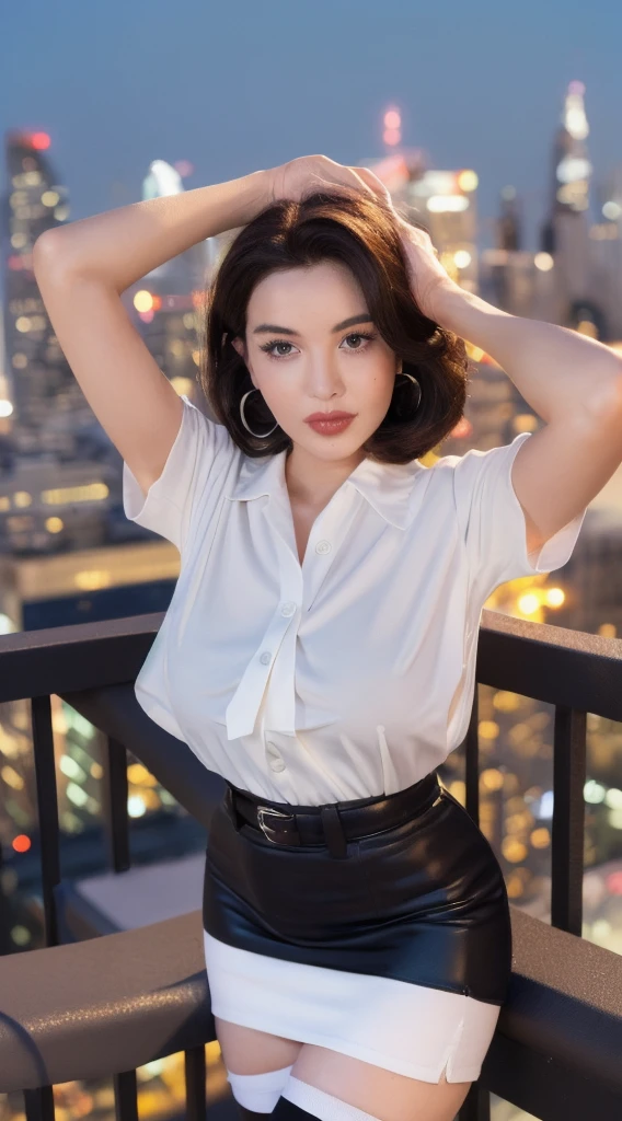 ((Midnight, Best quality, 8K, Masterpiece :1.3)), Whole body, Long legs, Sharp focus :1.2, A pretty woman with perfect figure :1.4, Slender Abs :1.1, ((Dark brown hair, Big breasts :1.2)), (Nakajoy T-shirt), ((Night city view, Rooftop:1.3)), Highly detailed face and skin texture, Marilyn Monroe face、Super big、Super sexy and super cute Japanese girl、sexual excitement、Detailed eyes, Double eyelid、(((White collared short sleeve blouse、Black tight super mini skirt、Black Stockings、Super beautiful feet)))