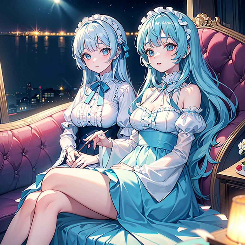 ((Highest quality)), ((masterpiece)), (detailed), One girl, Fine Lines, (Big eyes, Droopy eyes, Lower eyelid corners droop), (Light blue hair, Loosely wrapped, ), ribbon, Frills, Soft and fluffy, fluffy, Pastel feel, Girls in their 20s, night, Girl sitting, Face close-up