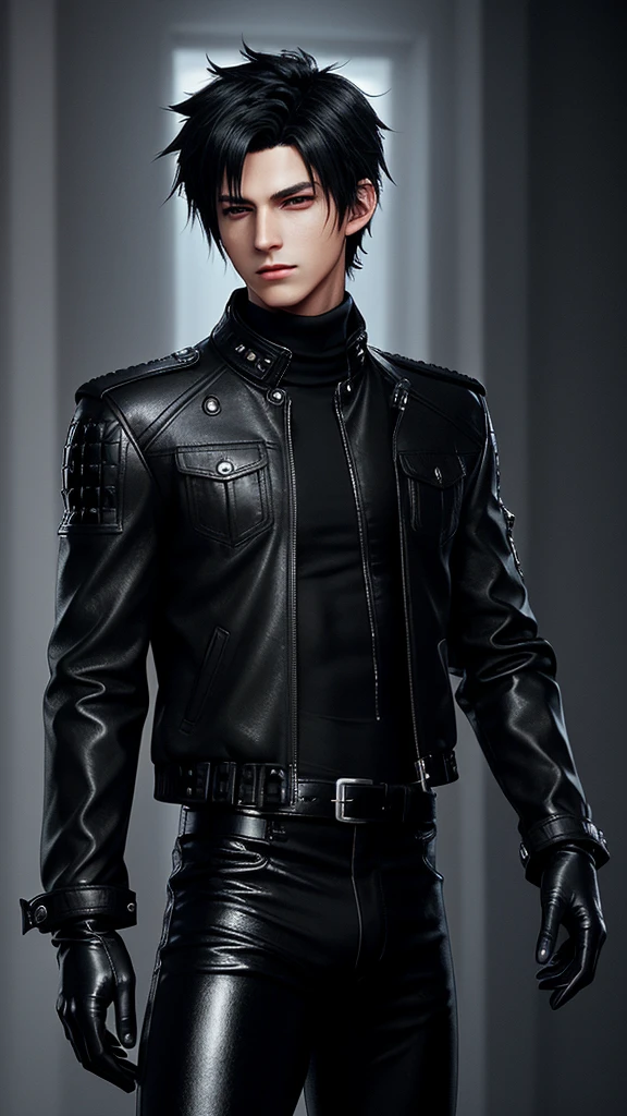 Final fantasy taste and reality graphics, Japanese young cute and cool ikemen boy, his age is early 20s, thin eyebrows and beady eyes, he wearing off black color leather thick singlebrest biker jacket, with epaulet, must close the front of the leather jacket, jacket is biker style, jacket is voluminous, , jacket collar is high length stand-up collar with belts, jacket is a little black line pattern,close the front of the jacket, also wearing black thick turtleneck lackluster shirts, tight black leather pants, shiny black leather tight and thin glove, black leather knee-high raceup boots,must views head-to-toe,must views whole body, boy looks like fashion model,Do not show skin from the neck down,leather jacket leather glove and leather pants have few wrinkles,boy in the room,