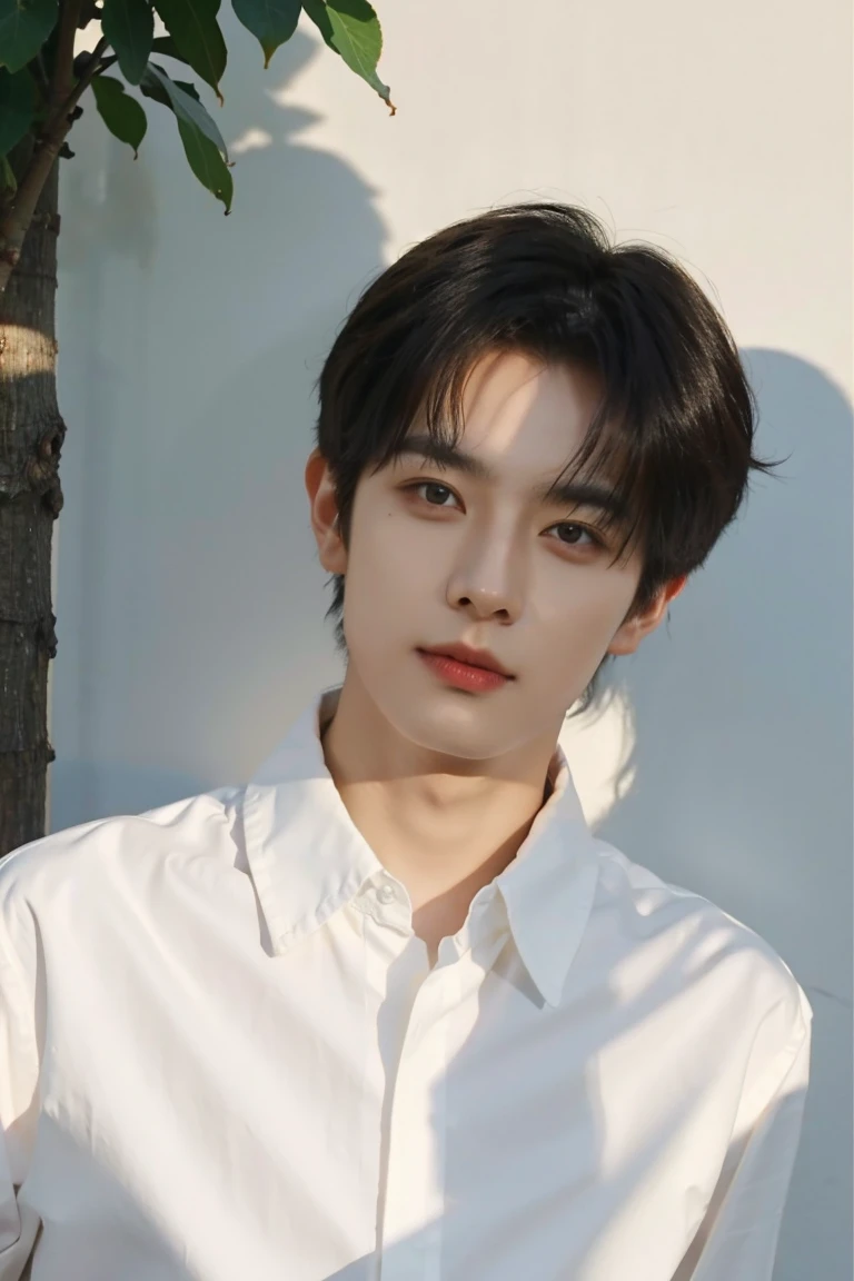 Nansheng,One boy,alone,Male Focus,,Day,Realistic,shirt,Grass,Upper Body,white shirt,Mouth closed,(Best Shadow),Complex, bright, Lens Distortion Correction,(Best Shadow),Complex, bright, Lens Distortion Correction、Cafe