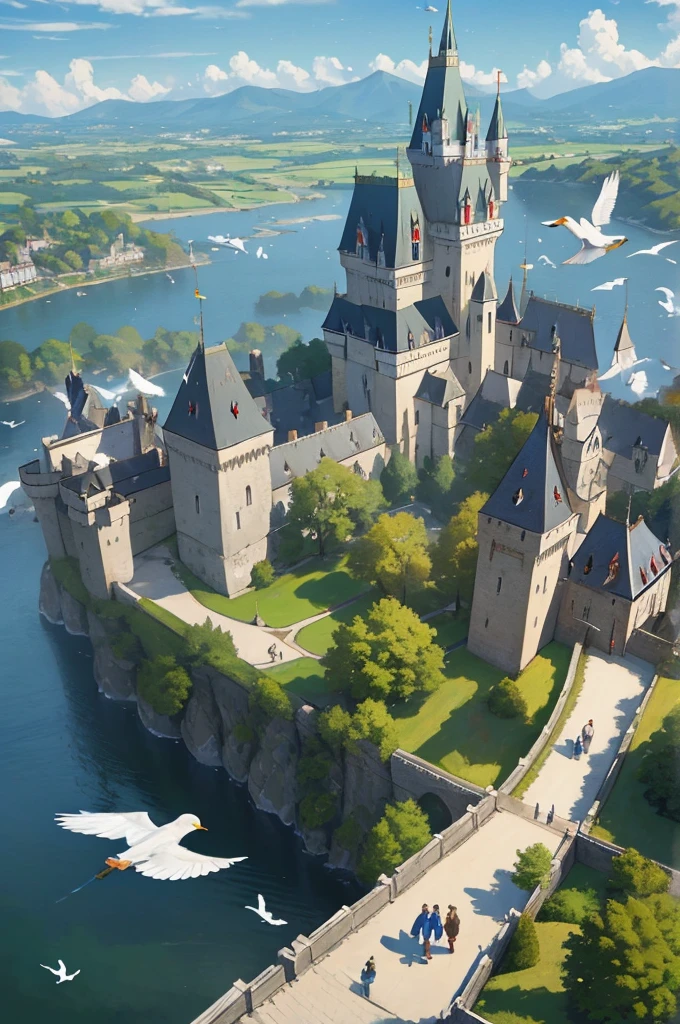 (masterpiece, highest quality), the background high angle view of outside a castle white birds are flying near the castle cinematic ,highly detailed , beautiful landscape and architecture