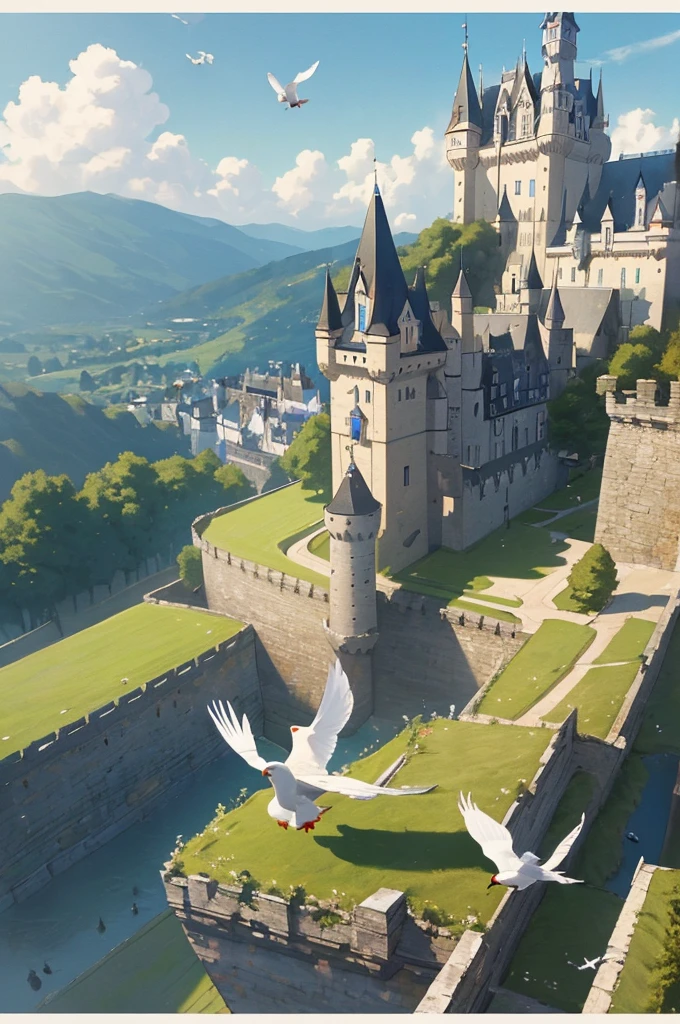 (masterpiece, highest quality), the background high angle view of outside a castle white birds are flying near the castle cinematic ,highly detailed , beautiful landscape and architecture