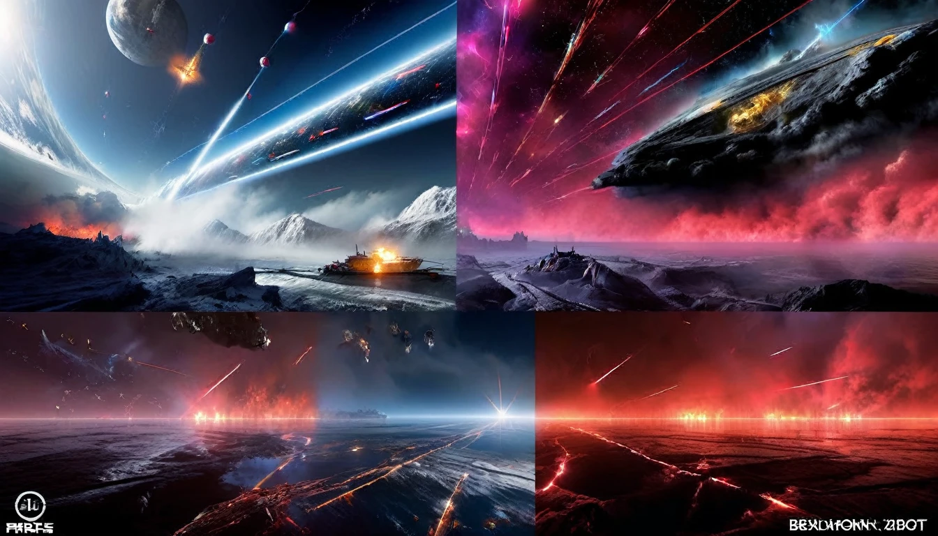Vast space war、Epic space battles、((Exquisitely detailed space battleship_Countless space battleships collapsing_Exquisitely detailed combat robots_Countless space fighters_Tens of thousands of missiles flying_Countless laser beams:1.9))、Drawing distant and close-up scenes、Surreal、Manga style、Floating in space、(Celestial Nebula:1.9)、Mysterious cosmic energy、Dramatic lighting、Hyperrealistic、Cinematic、Bright colors、Dramatic Chiaroscuro、Volumetric lighting、Photorealistic、masterpiece、Highest quality、8K、Super detailed、Physically Based Rendering、 EdobHorrorLandscape, error sketch