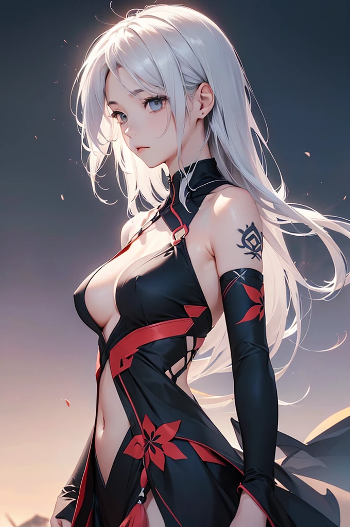 (Image from chest up:1.4)((masterpiece:1.5,Highest quality,Beautiful images、Realistic、2.5D、Artistic、Portraiture))(1girl, 独奏)(medium breasts, Silver Hair、long hair、Beautiful cleavage、sideboob、Exposing shoulders、Tattoo on shoulder)(横顔のPortraiture,Gaze sideways、Gaze diagonally、Shake your head、A sad expression, floating hair)(Monotone Abstract Background)((from side:1.3)),Landscape,((outfit-inori,Monotone costumes))
