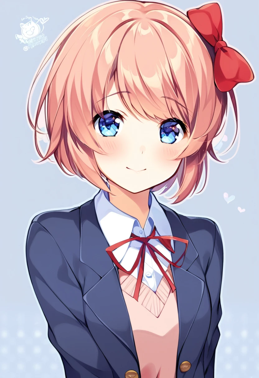 one girl, lovely, boyish, blazer, hair bow, Sayori, my childhood friend, cute, short hair, blush, light blue eyes, cheerful girl, cartoon style