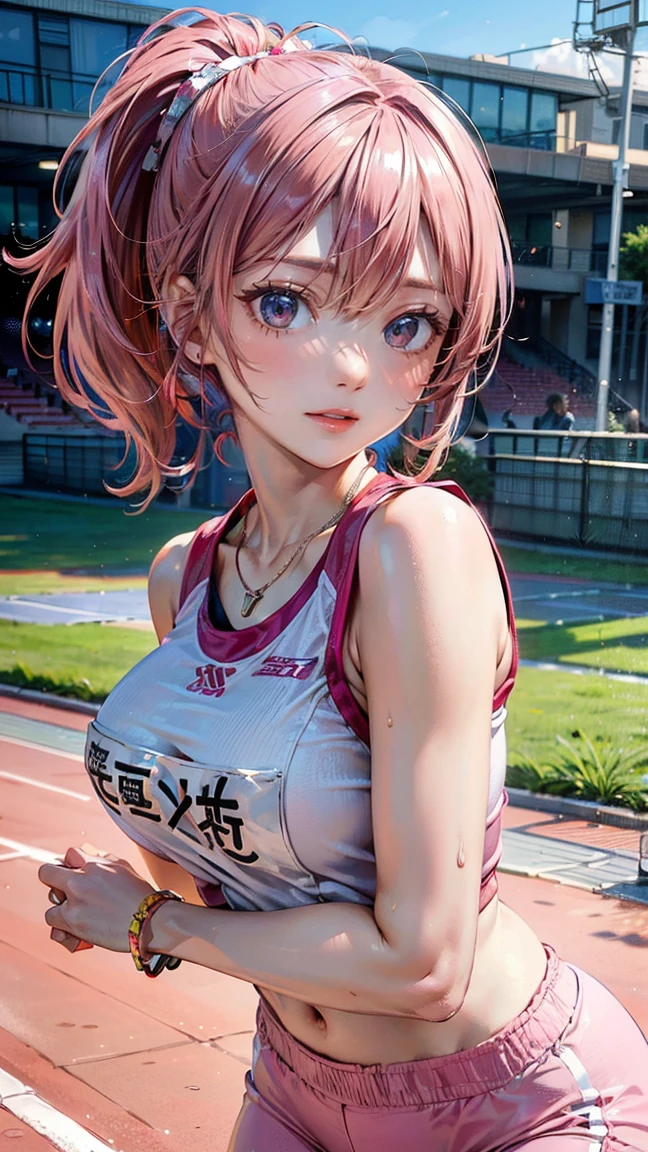 (Masterpiece, BestQuality:1.3), (ultra detailed:1.2), (hyperrealistic:1.3), (RAW photo:1.2), High detail RAW color photo, professional photograph, (Photorealistic:1.4), (realistic:1.4), professional lighting, perfect anatomy, (Big Breasts), (blush, detailed face), (cheerful Smile:1.5), (Pink Hair:1.5), Trending Hair&Trending Hairカラーをランダムに, earrings, necklace, bracelet, sexly, erotic sexly, Random sexy gravure poses, (Women in sportswear、The background is a track field、Serious expression、ponytail、Pose at the starting line: 1.3)