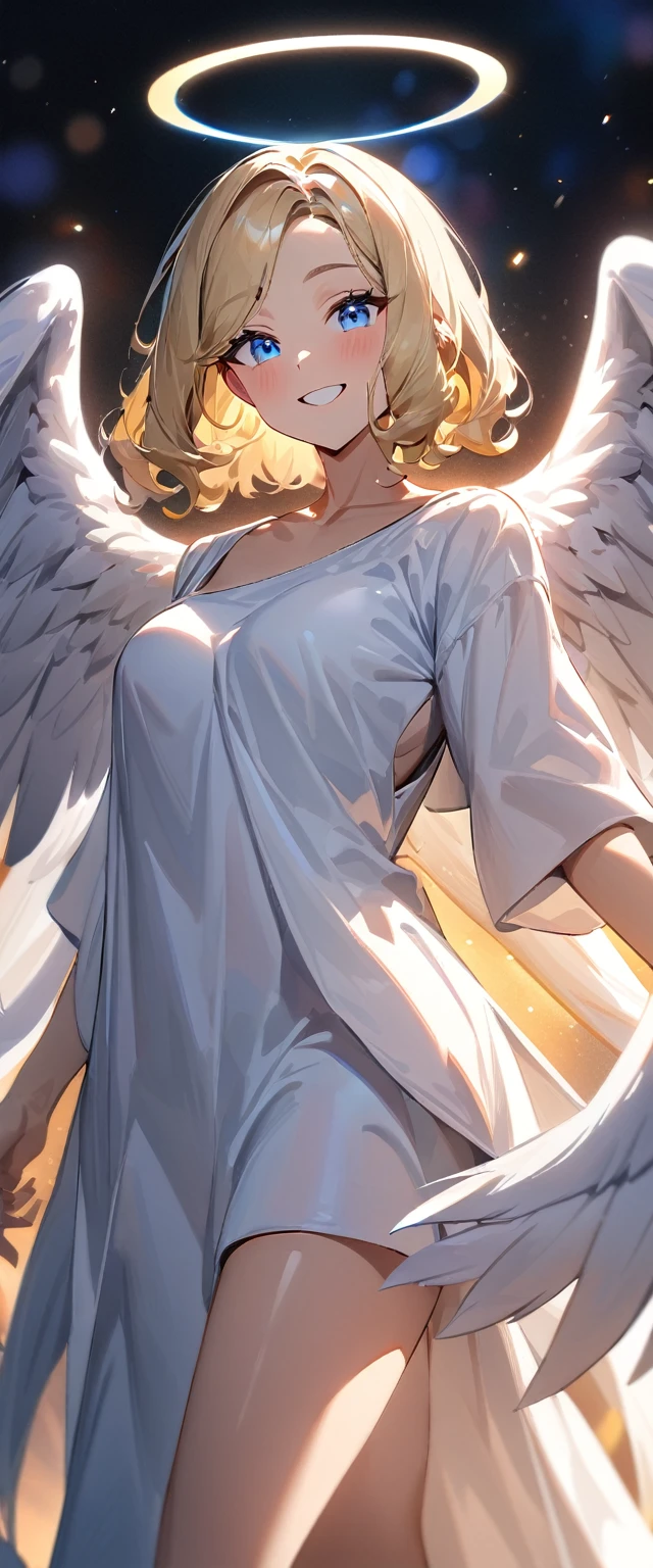(((One girl))), (((cowboy shot))), ((flying)), ((angel, big big white wings:1.2, halo:1.3)), Uriel, greek mythology white costume, bare legs, ((wavy hair, outward curled hair)), evening, Sunset, ((blond hair, bob cut:1.3)), breasts, standard body, (looking at viewer), oversized clothes, collarbone, head tilt:1.3, (((blue eye))), ((happy smile)), (((anime style))), (best quality, 4K, 8K, highres, masterpiece:1.2, ultra-detailed, ultra-detailed eyes, HDR, uhd, studio lighting, ultra-fine painting, sharp focus, physically-based rendering, extreme detail description, professional, vivid colors, bokeh), ((Highest quality, Best image quality, Ultra-high resolution, Ultra-high resolution, solo, Strong eye highlights)), Depth of written boundary, Natural soft light, attractive, Beautiful Face, Cleanliness, Pure Face, medium chest, Beautiful Face, Perfect Fingers, Perfect hands, Perfect body, Perfect Face, Shine a light into your eyes, Perfect Anatomy