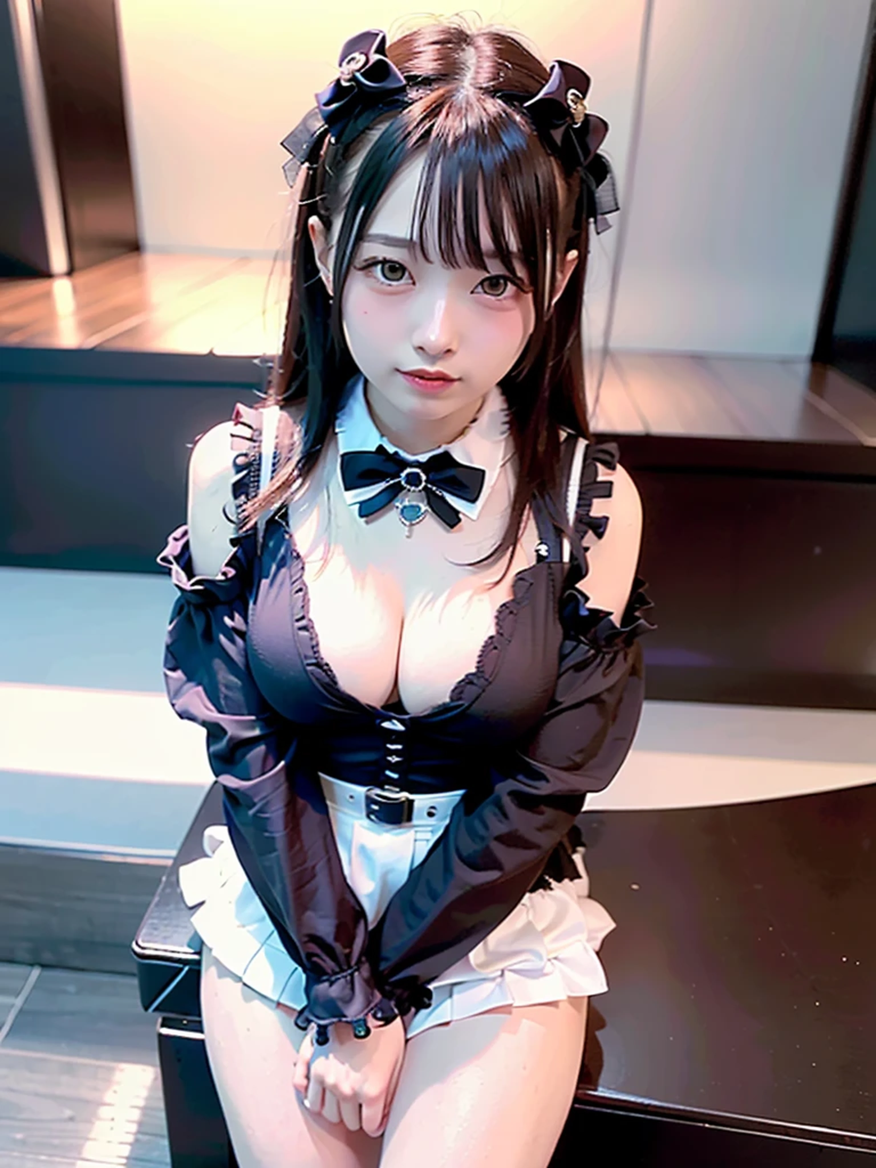 (Realistic, photo-Realistic:1.37), Unbelievably absurd, (Very detailed:1.3), 8K, (masterpiece), (Highest quality:1.4), (Ultra-high resolution:1.2), (RAW Photos:1.2), Very detailed background, (unity 8K wallpaper), 1 nogizaka girl, very cute, (bishojo:1.35), (17yo:1.4 (White, black and pink jirai fashion), (Delicate and beautiful face, eye, skin), (Beautiful dress with intricate details), Gothic Maid, Medium chest, (Cleavage:1.25 (Open chest), (Thick black shiny hair), (Elegant frills), (bow tie), (Blue rose hair accessory), (Smiling for the camera), whole body, European castle landscape, Professional Lighting, 1 Girl