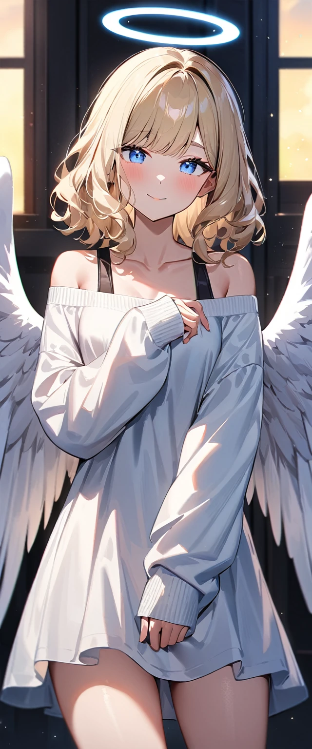 (((One girl))), (((cowboy shot))), ((flying)), ((angel, big big white wings:1.2, halo:1.3)), Uriel, ((wavy hair, outward curled hair)), evening, Sunset, ((blond hair, bob cut:1.3)), breasts, teenager, (looking at viewer), oversized clothes, puffy long sleeves, collarbone, ((off-shoulder sweater dress:1.3, Quite thick shoulder straps)), (((sleeves past wrists:1.3))), ((white sweater)) collarbone, head tilt:1.3, (((blue eye))), ((happy smile)), (((anime style))), (best quality, 4K, 8K, highres, masterpiece:1.2, ultra-detailed, ultra-detailed eyes, HDR, uhd, studio lighting, ultra-fine painting, sharp focus, physically-based rendering, extreme detail description, professional, vivid colors, bokeh), ((Highest quality, Best image quality, Ultra-high resolution, Ultra-high resolution, solo, Strong eye highlights)), Depth of written boundary, Natural soft light, attractive, Beautiful Face, Cleanliness, Pure Face, medium chest, Beautiful Face, Perfect Fingers, Perfect hands, Perfect body, Perfect Face, Shine a light into your eyes, Perfect Anatomy