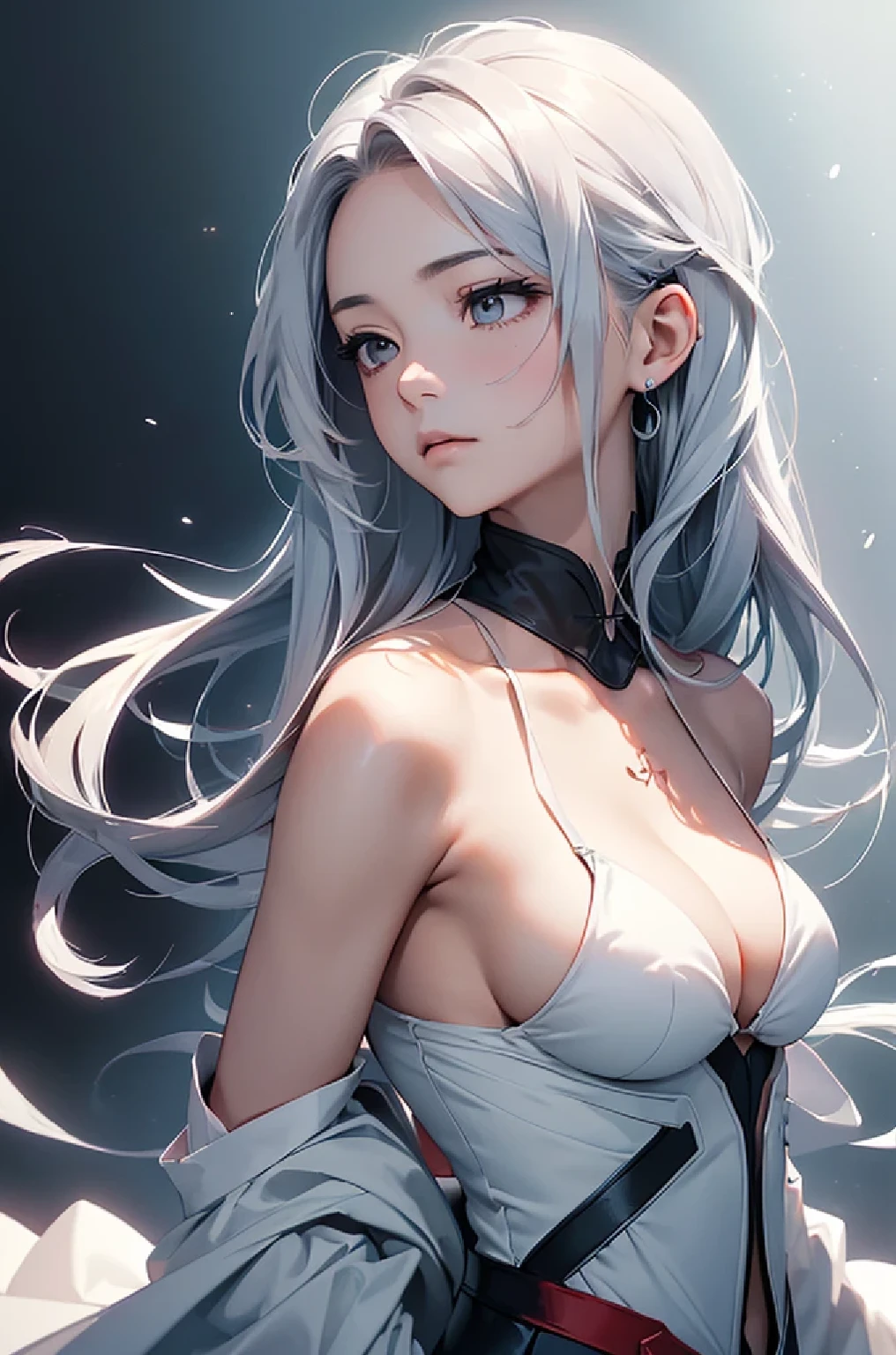 (Image from chest up:1.4)((masterpiece:1.5,Highest quality,Beautiful images、Realistic、2.5D、Artistic、Portraiture))(1girl, solo)(medium breasts, Silver Hair、long hair、Beautiful cleavage、sideboob、Exposing shoulders、Tattoo on shoulder)(Profile Portrait,Gaze sideways、Gaze diagonally、Shake your head、A sad expression, floating hair)(Monotone Abstract Background)((from side:1.3)),Landscape,((outfit-inori,Monotone costumes))