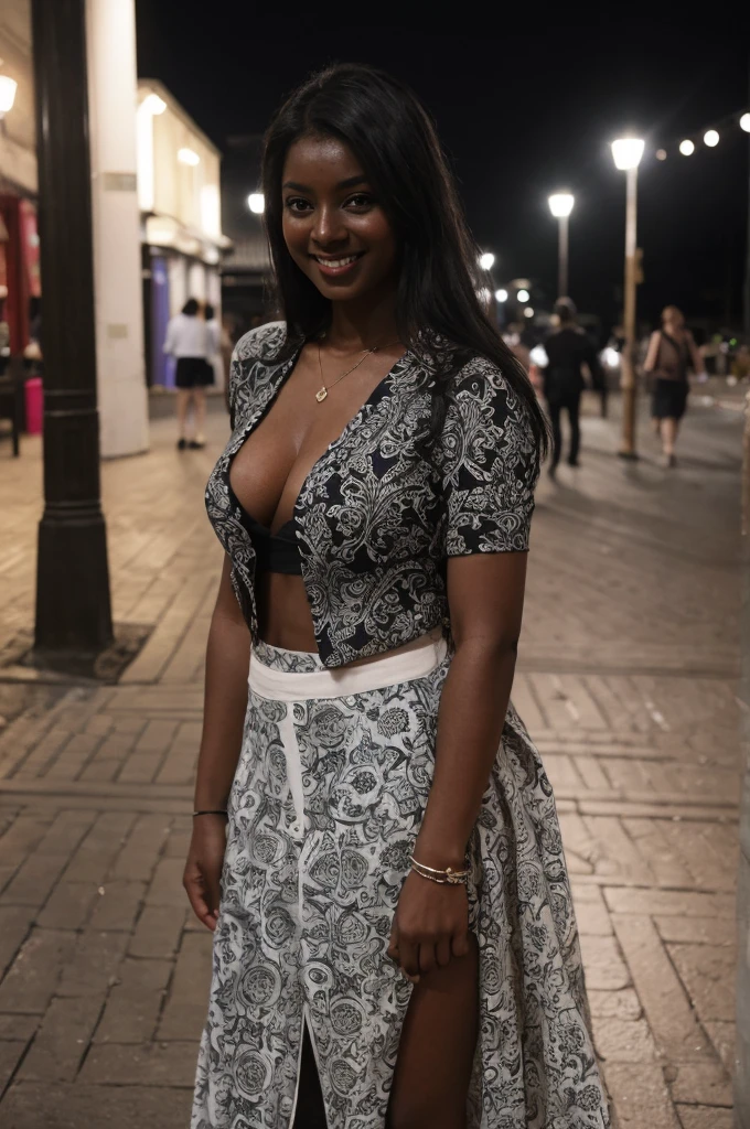 Asha, 1girl, solo, (((Ebony))), (((Dark skin))), (((SFW))), (((non-explicit))), 30 years old, (mature), wearing white printed Cardigans and Maxi Skirts, upper body shot, smiling, upper body and upper legs, medium long hair, outside Town Squares at night