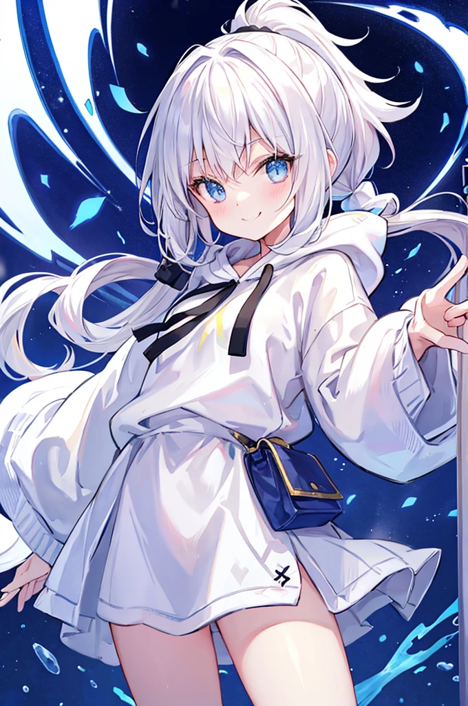 White Hair、A single ponytail next to the face、cute、smile、Shaggy hoodie