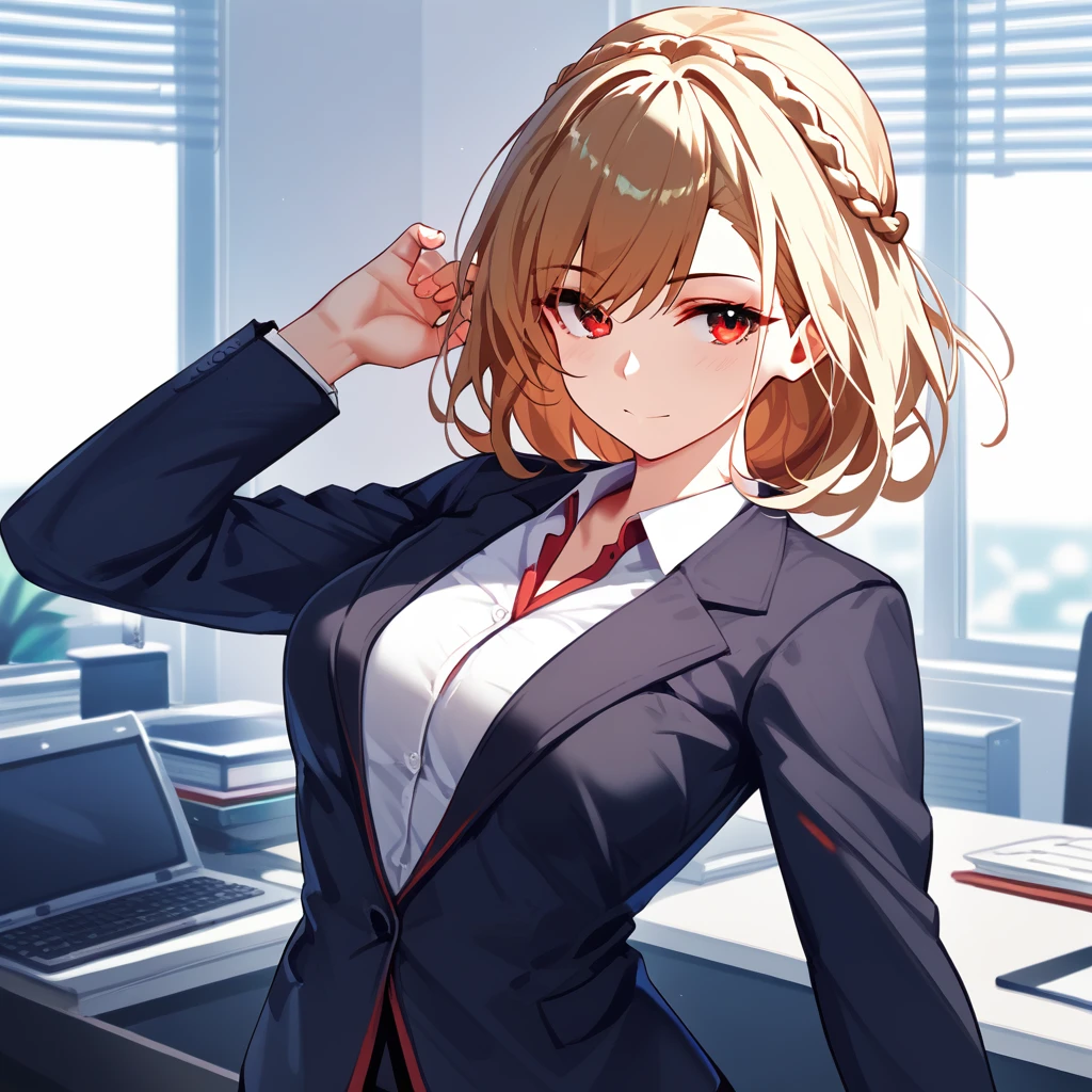 1girl, medium breasts, medium hair, (blond hair), french braid, red eyes, Office suit, score_9, score_8_up, score_7_up, score_6_up, score_5_up, score_4_up, ((sexy posing:1.5)), (sensual pose), Office, BREAK, view the Watching, 