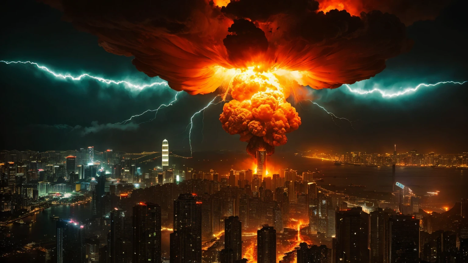 1 single bright gigantic nuclear explosion with mushroom cloud at Kowloon, explanding shockwave, Desolate wreckage, apocalyptic, city in ruined, dark night time, masterpiece, highest quality, Surrealism