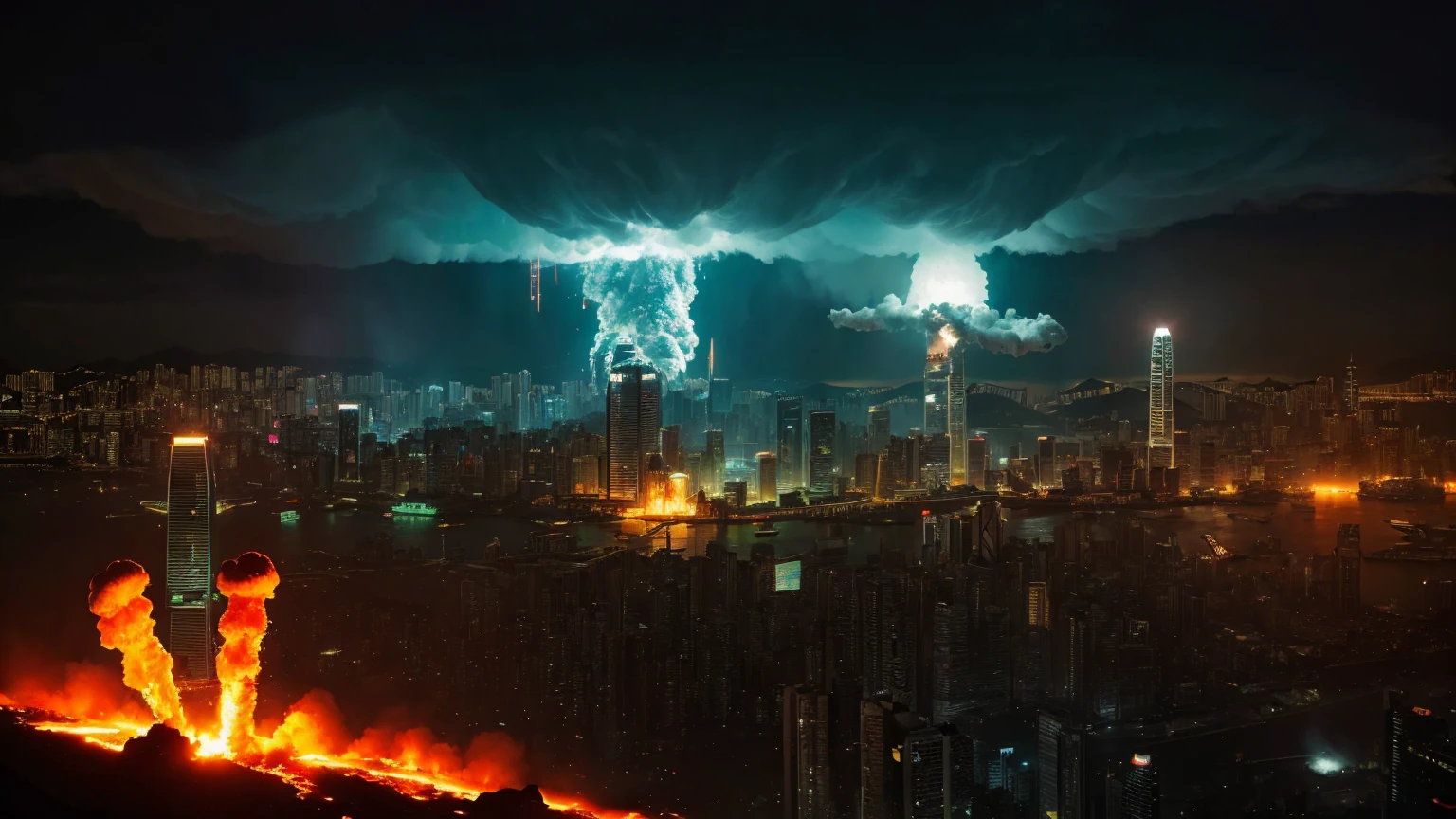 1 single bright gigantic nuclear explosion with mushroom cloud at Kowloon, explanding shockwave, Desolate wreckage, apocalyptic, city in ruined, dark night time, masterpiece, highest quality, Surrealism