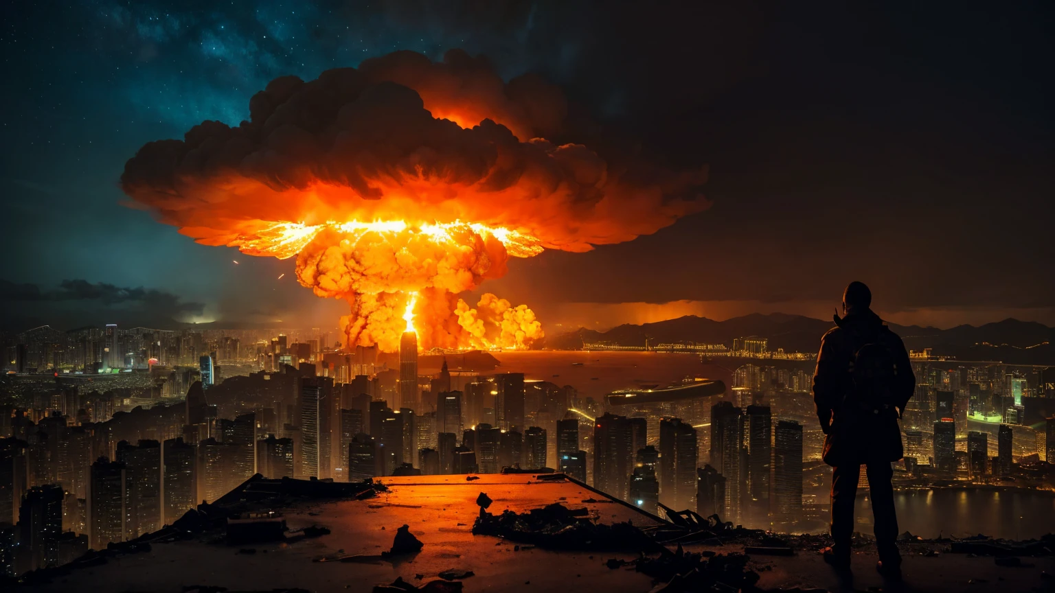 1 single bright gigantic nuclear explosion with mushroom cloud at Kowloon, explanding shockwave, Desolate wreckage, apocalyptic, city in ruined, dark night time, masterpiece, highest quality, Surrealism