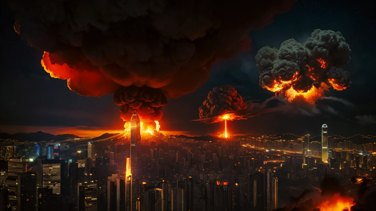 1 single bright gigantic nuclear explosion with mushroom cloud at Kowloon, explanding shockwave, Desolate wreckage, apocalyptic, city in ruined, dark night time, masterpiece, highest quality, Surrealism