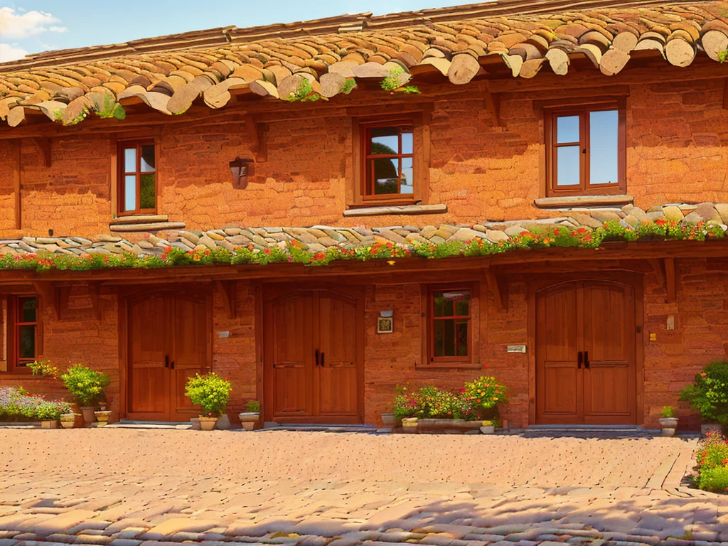 (((Masterpiece))), (high quality),(Small Western-style building,One-storey,Cobblestone garden:1.5),(There is no one here:1.2),(Long Shot,Photograph the entire Western-style building:1.5)