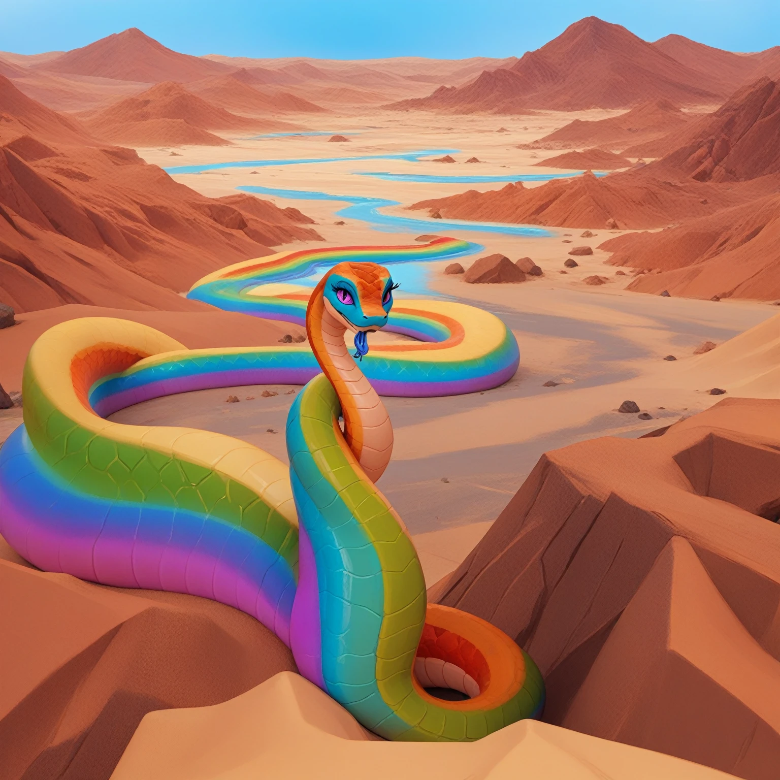score_9, score_8_up, score_7_up, score_6_up, source_3d, source_cartoon, source_furry, source_monster, highly detailed digital painting, digital art, giant anthro snake, feral, scale, solo:1.4, tail in distance, arching over terrain, viperkfp, ((multicolored skin, rainbow skin, red orange yellow green blue purple skin):1.9), (armless, limbless, legless:1.4), ((slit pupils, big eyelashes, running mascara, eye liner):1.1), ((scales on skin, small scaly tits):1.1), ((fullbody, looking at viewer)), (desert valley, rolling hills, red ochre sand, Australian outback, dry river, ponds beside snake