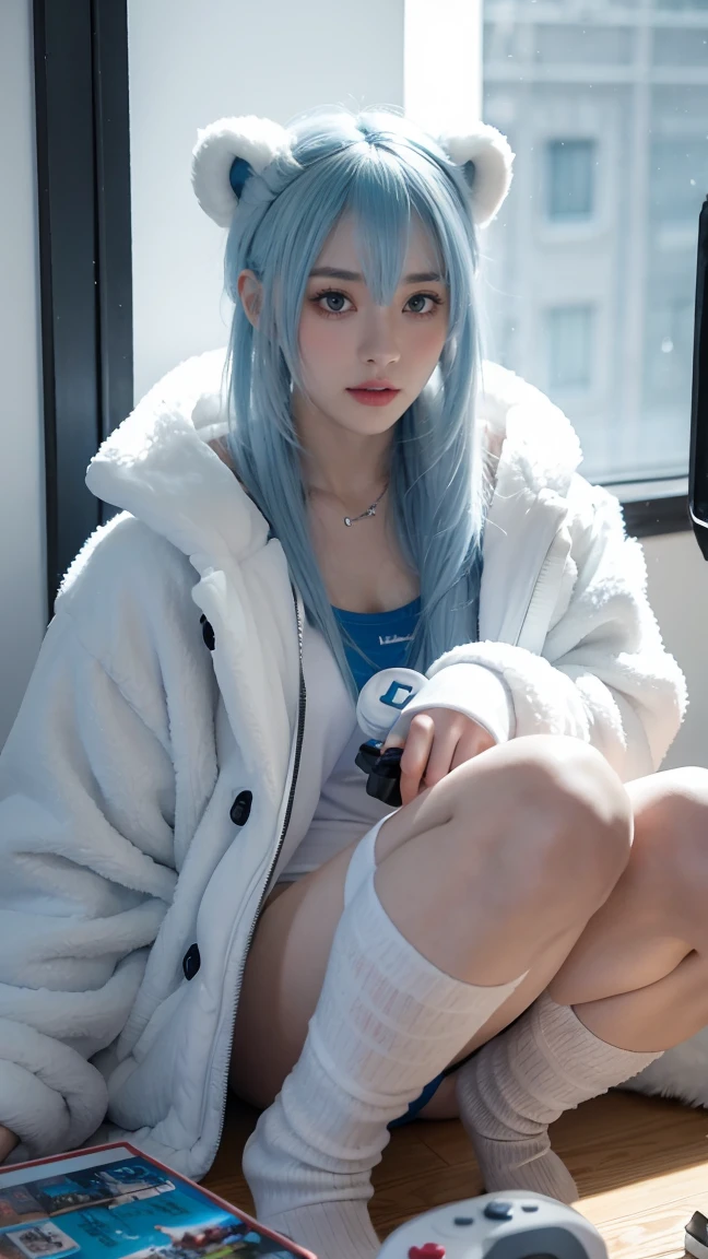 Polar Bear,Game master,otaku,Blue-white hair,In front of the game console,Pokémon Trainer Costumes