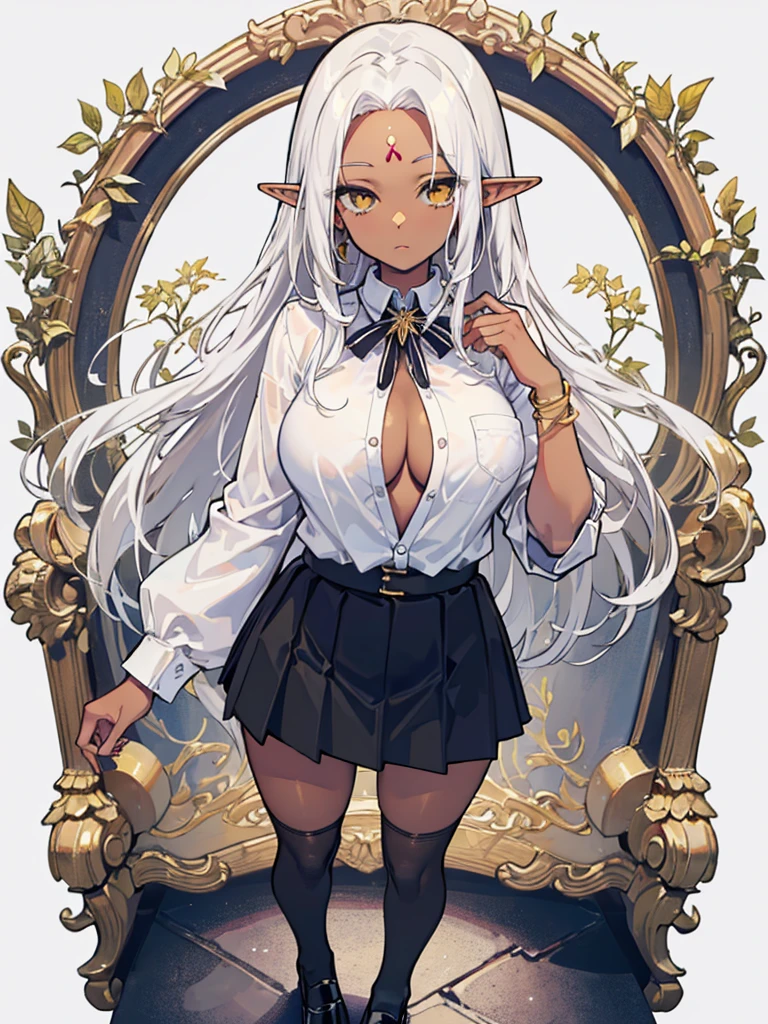 standing, (masterpiece), best quality, perfect face, gold eyes, dark skin, ((forehead)), elf, jewelry, (masterpiece, high quality, highest quality:1.2), 1girl, solo, straight hair, long hair, white hair, unbuttoned shirt, white shirt, ((black skirt)), stockings, ((neckline)), open chest, big breast, black shoes, white background