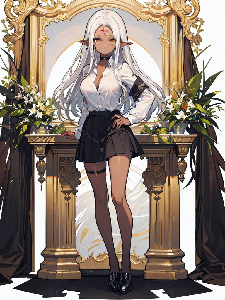 standing, (masterpiece), best quality, perfect face, gold eyes, dark skin, ((forehead)), elf, jewelry,  (masterpiece, high quality, highest quality:1.2), 1girl, solo, straight hair, long hair, white hair, unbuttoned shirt, white shirt, ((black skirt)), stockings, ((neckline)), open chest, big breast, black shoes, white background

