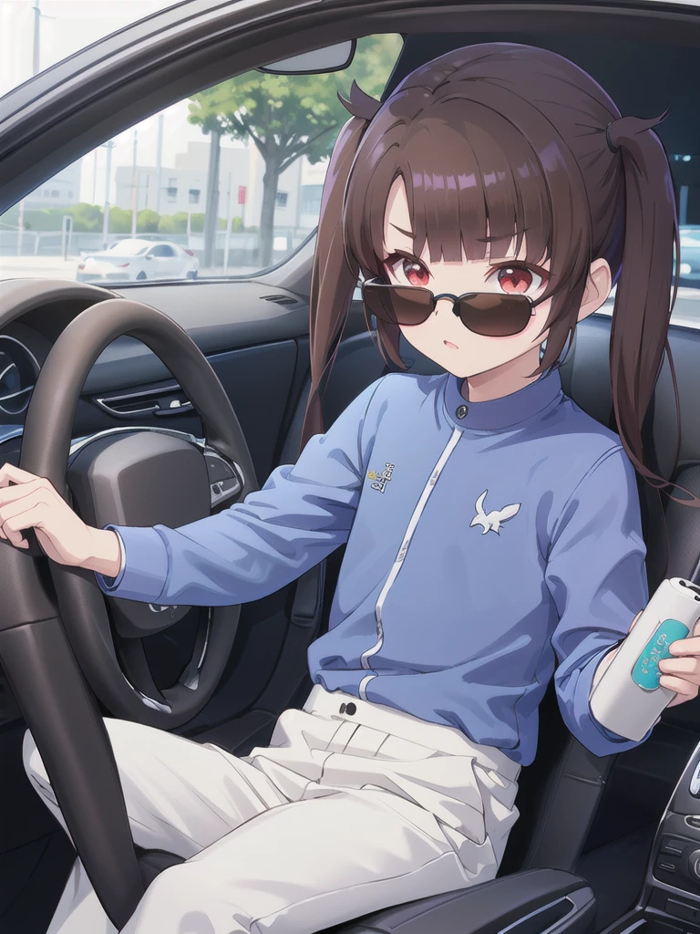 In the car,Convertible,Sitting,((Behind the wheel of a car)),Looking Ahead,driving,1 Girl, 独奏, Red eyes,((Wearing black sunglasses)),, Twin tails, brown hair,crawling,((顔 focus)),upper body,Black long sleeve shirt,White slacks, bangs, eyebrows visible through hair, Flat Chest,