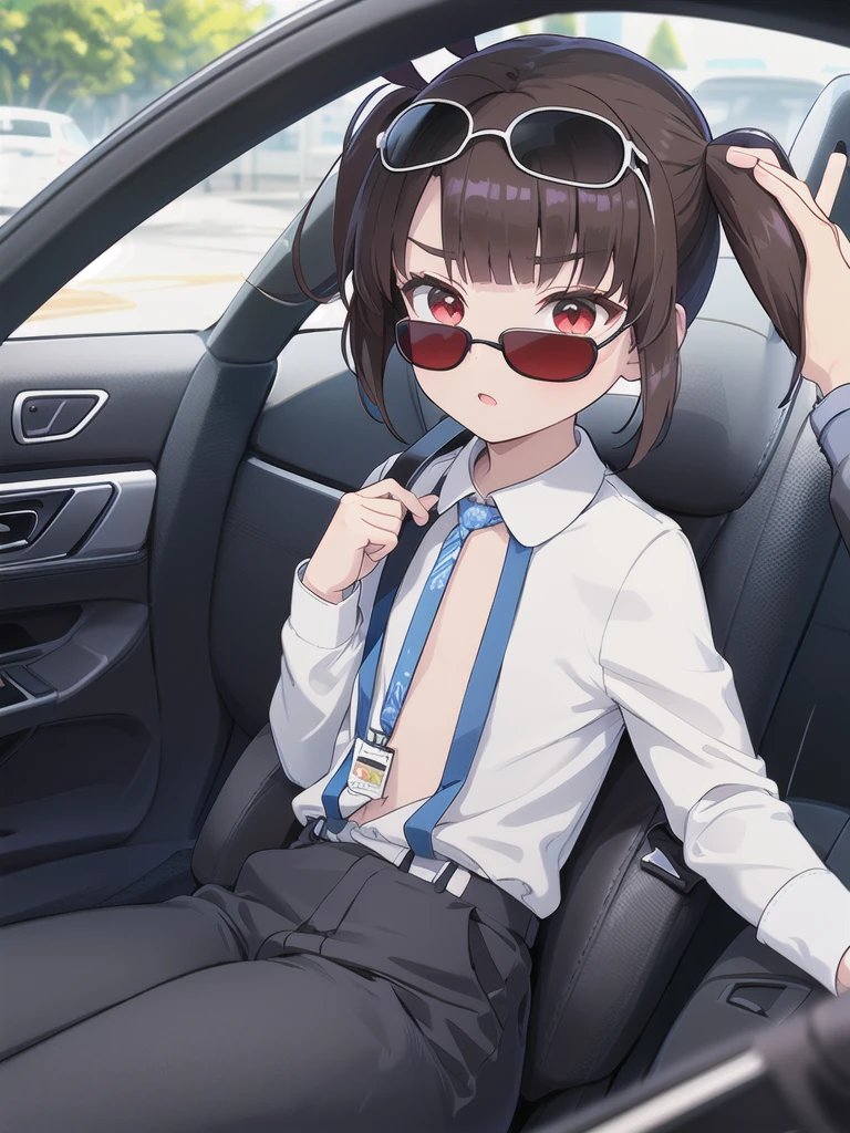In the car,Convertible,Sitting,((Behind the wheel of a car)),Looking Ahead,driving,1 Girl, 独奏, Red eyes,((Wearing black sunglasses)),, Twin tails, brown hair,crawling,((顔 focus)),upper body,Black long sleeve shirt,White slacks, bangs, eyebrows visible through hair, Flat Chest, 