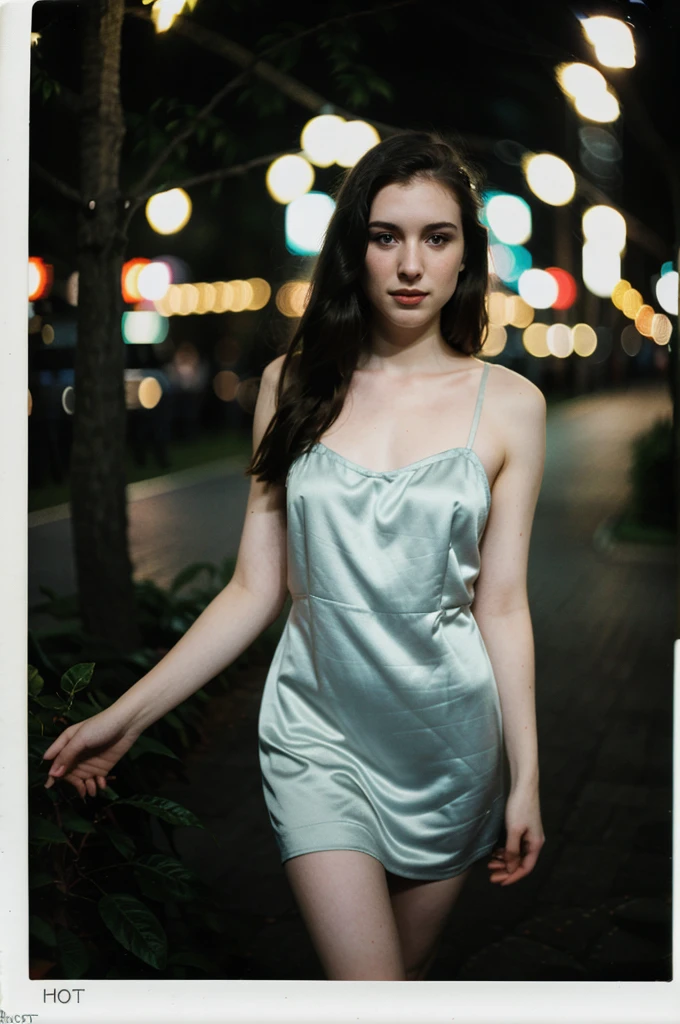 polaroid photo, night photo, photo of a beautiful 24 year old woman, pale skin, bokeh, motion blur,  night dress
